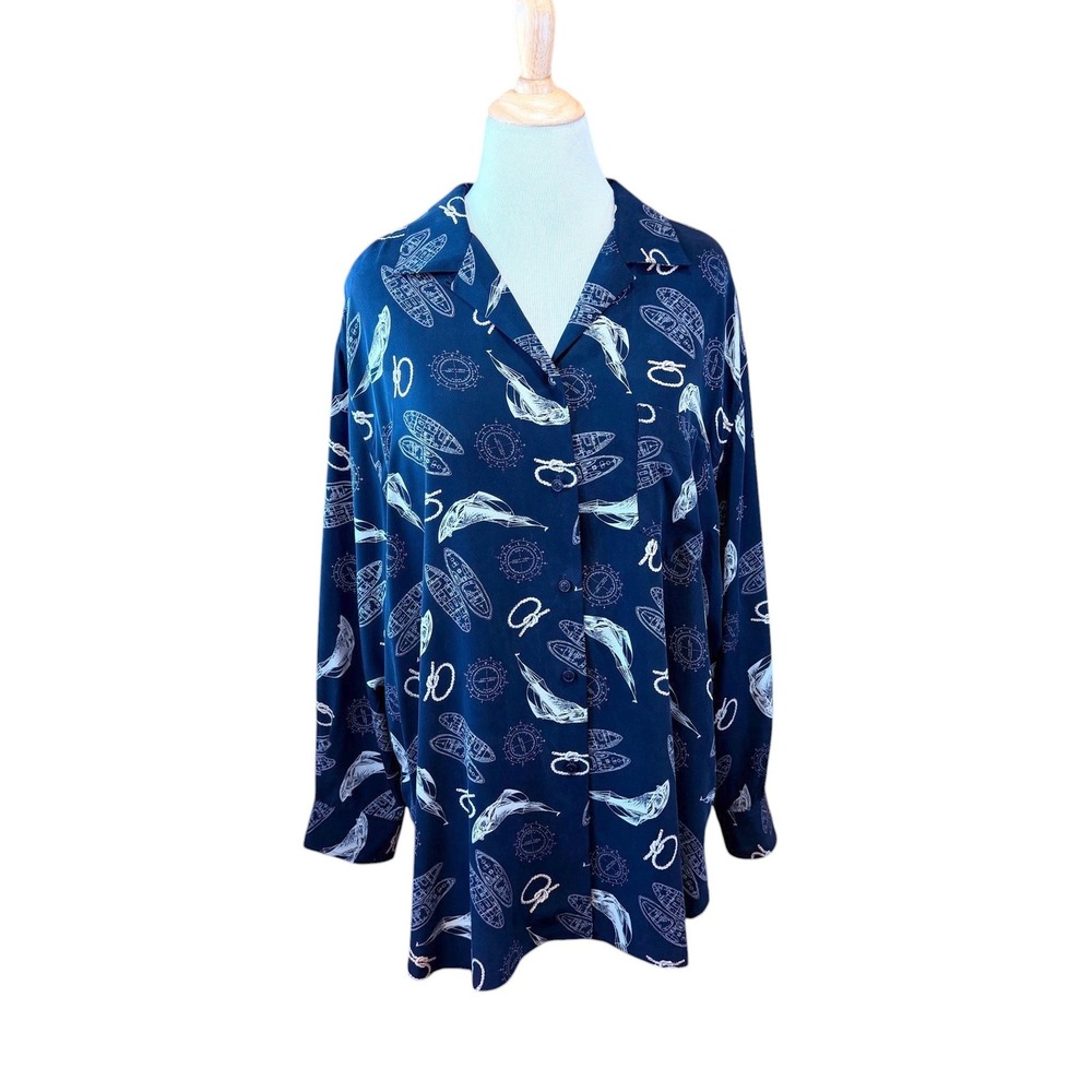 Plus Ralph Lauren Navy Blue Nautical Print Button Down 100% Silk Shirt 3X